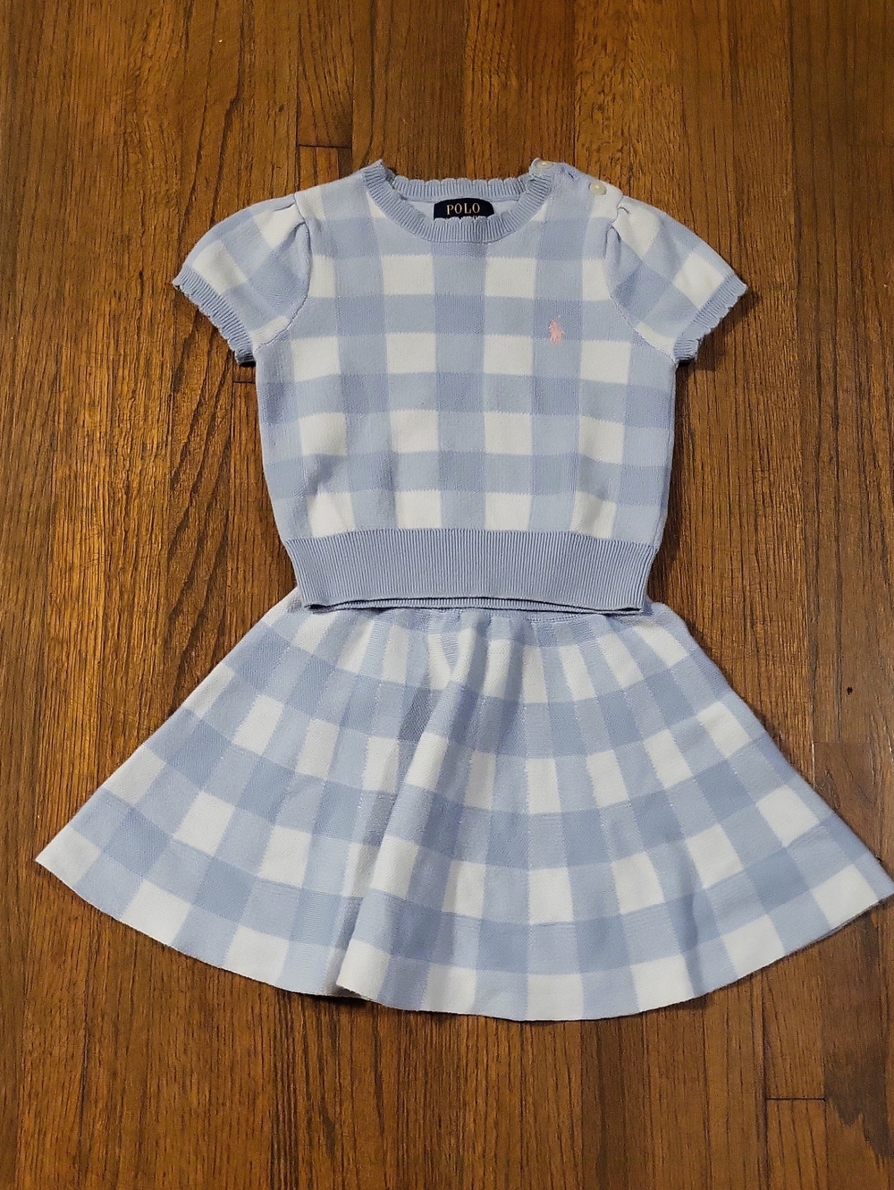 Polo by Ralph Lauren Light Blue & White Gingham Knit Dress with Pink Pony